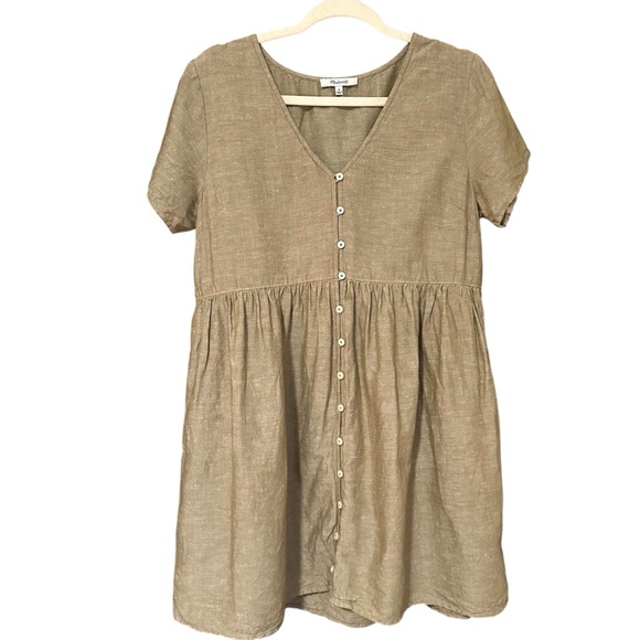 Madewell Linen Blend Button Down Babydoll Short Sleeve Mini Dress Size Medium - Picture 2 of 8